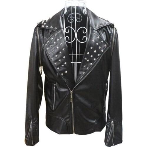 Black fashion Oblique zipper Motorcycles faux leather jacket men Singer 1 Rivets mens leather jackets and coats Customizable