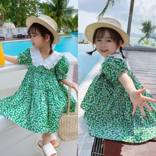 Kids Clothes Girls Dresses 2021 Summer Baby Girls Fashion Green Printed Dress Princess Kids Sweet Clothing Wholesale