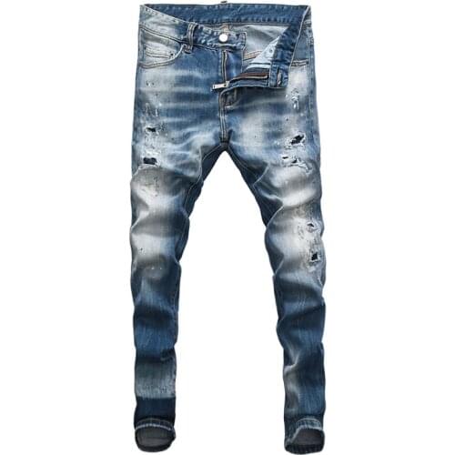 Italian Vintage Fashion Men Jeans Retro Blue Slim Fit Ripped Jeans Men Brand Designer Streetwear Hip Hop Cotton Denim Punk Pants