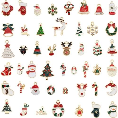 Julie Wang Alloy Christmas Stocking Tree Charms Elk Bell Santa Claus Enamel Pendant Jewelry Making Xmas Home Decor Accessory
