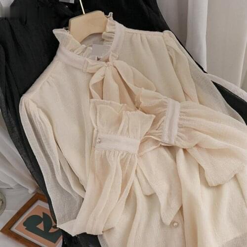 Stand Collar Lace Up Bow Design Elegant Blouse Women Pullover Long Sleeve Solid Ol Shirt Spring 2021 New Blusas Loose