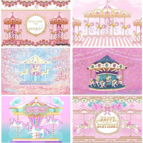 Carousel Birthday Party Decoration Photo Backdrop Baby Cake Smash Child Portrait Pink Flowers Background Photography Backdrop