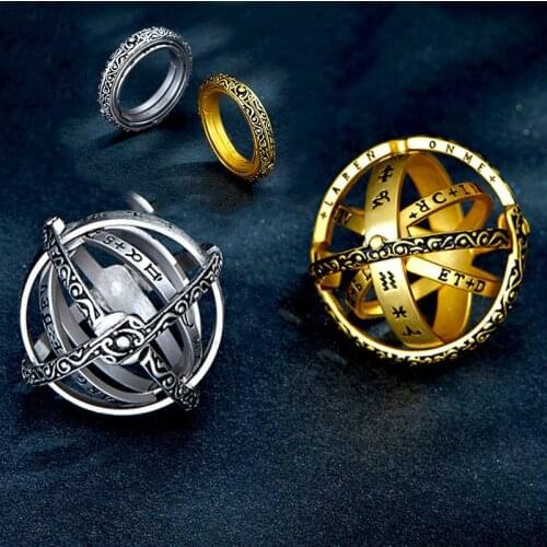 Hot Style Creative Vintage Astronomical Sphere Ball Ring Retro Rotating Clamshell Astronomical Ring Universe Ring with Chain