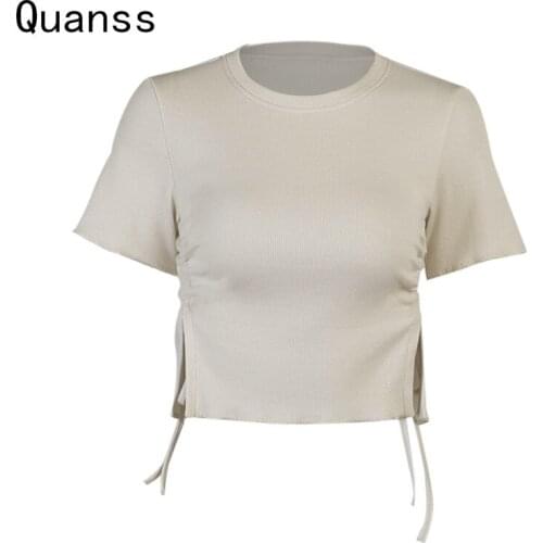 Quanss Summer Ribbed Knit Crop Top Women Fashion Draw String Short T Shirt Streetwear Casual Side Split Black Tee Female Tshirts