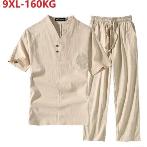 Summer Men pajamas Chinese style T-shirt short sleeve and pants plus size sleep wear Breathable big size linen cotton home wear