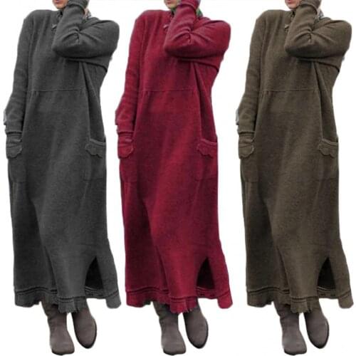 80% Hot Sales!! Vintage Women Autumn Winter Long Sleeve Lacework Hem Plus Size Knit Maxi Dress