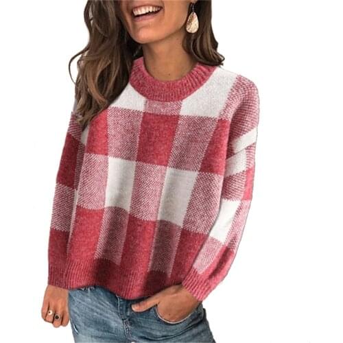 Fashion Women Warm knitted Sweater Long Sleeve Plaid Loose Knitwear Elegant Ladies truien dames Pullover Top Knitwear Streetwear