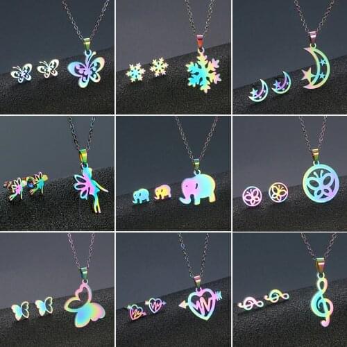Cartoon Colorful Christmas Jewelry Sets for Women Stainless Steel Snowflake Star Moon Butterfly Necklace Earrings Kids New Year