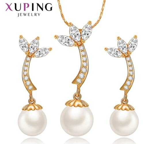 Xuping Fashion Imitation Pearl Pendant Earrings Jewelry Set Charms Styles Temperament Party Gift Ladies 60096