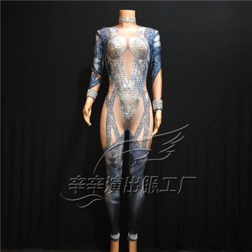 2021 Women New Sparkly Rhinestones Blue Singer Sexy Jumpsuit Performance Party Celebrate Glisten Rhinestones Costume Jumpsuit