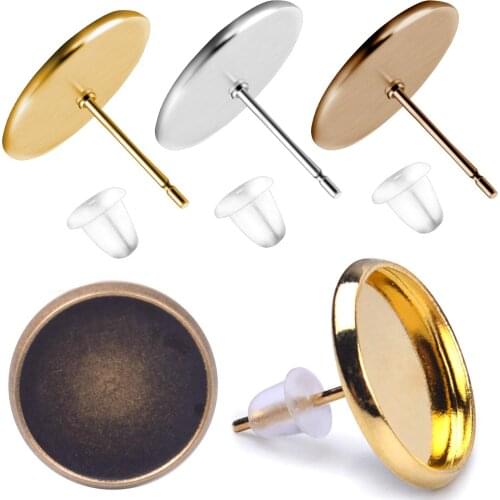 30 Pieces Stainless Steel Stud Earring Cabochon Setting Post Cup for 12mm and 30 Pieces Clear Rubber Earring Safety Backs