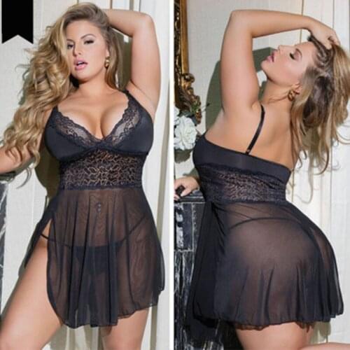 Plus Size Sexy Mesh Dress Female See-Through Stretch Nightdress G String Dress Pajamas 3XL-5XL