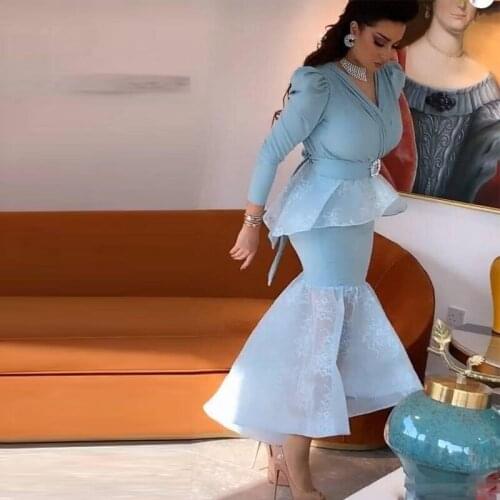 Light Blue Mermaid Arabic Dubai Evening Dresses V Neck Long Sleeve Ankle Length Formal Gown Asymmetrical Hem Prom Dress