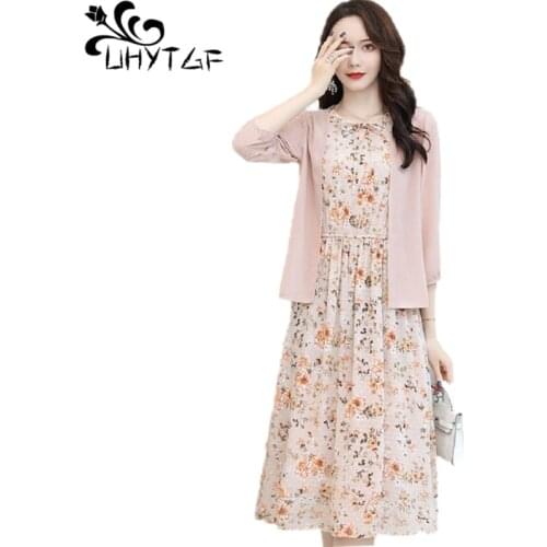 UHYTGF Fashion Chiffon Skirt Suit Womens Sleeveless Floral Black Green Pink Summer Two-Piece Set Thin Shawl Plus Size Dress 1403