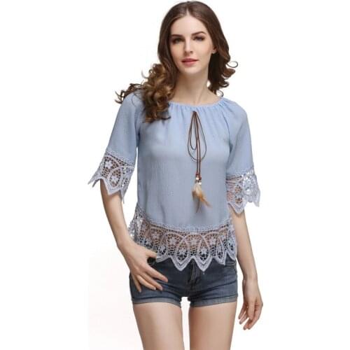 Womens Blouse Summer Wear New Lace Patchwork Slash Neck Short Sleeve Blouse Chiffon Blouses. Four Colors Are Available Casual
