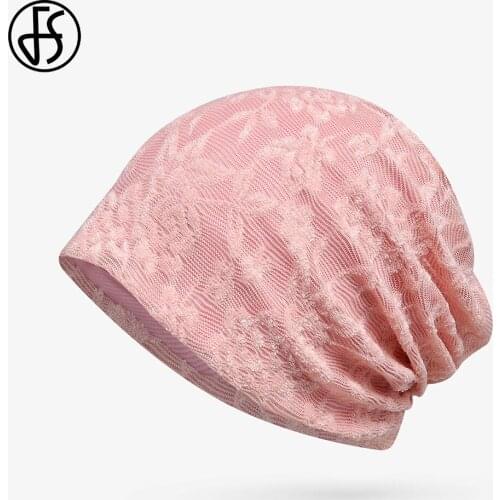 FS 2020 New Autumn Women Hat Breathable Beanie Bonnets Pink Beige Personality Soft Solid Color Lace Skullies Beanies Cap