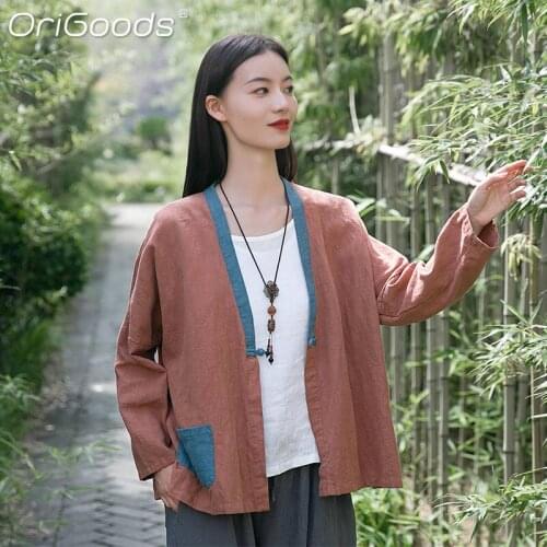 OriGoods Autumn Women Kimono Shirt Long Sleeve V-neck Ramie Autumn Shirt Blouse Chinese Style Plus Size Shirt Kimono Tops C349