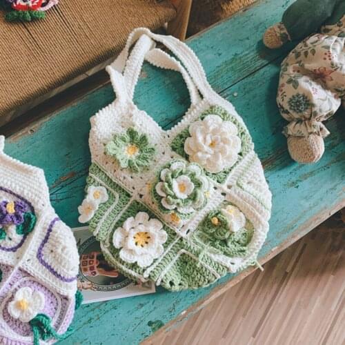 Original Design Fashion Women Shoulder Bag Yarn Crochet Handmade Flower Casual Tote Lady Shopping Handbag