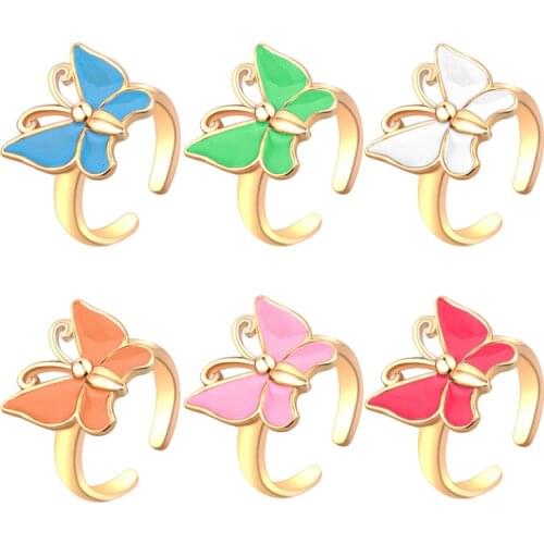 2021 Butterfly Open Rings for Women Colorful Dripping Oil Adjustable Butterfly Ring Female Fashion Copper Ring Wholesale Jewelry