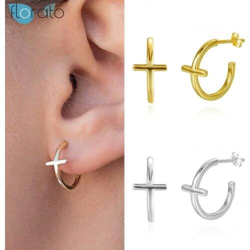 925 Sterling Silver Cross Opening Circle Stud Earrings for Women Gold Color Minimalist Earrings Simple Fashion Jewelry