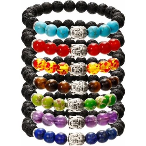 Ethnic Antique Silver Color Buddha Charm Women Round Ball Beaded Strand Bracelets Black Lava Amethysts Quartz Stone Bracelets