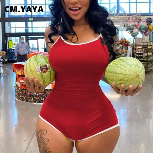CM.YAYA Women Playsuit Solid Spaghetti Strap O-neck Sheath Elastic Bodycon Playsuits Female Sexy One Piece Set Casual Outfit