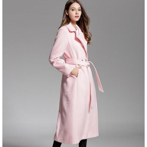Runway Pink Double-face Cashmere Coat Women 2020 Winter Turn Down Collar Slim Belt Long Woolen Warm Overcoat Casaco Feminino
