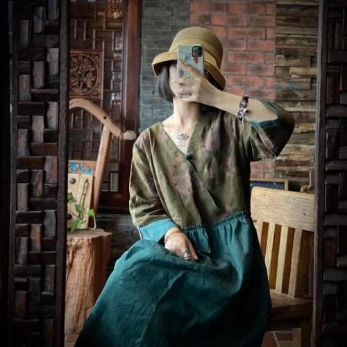 Women Autumn Spring Retro Vintage Linen Patchwork Dress Ladies V neck Contrast Color Dress Female 2021 Spliced Dress