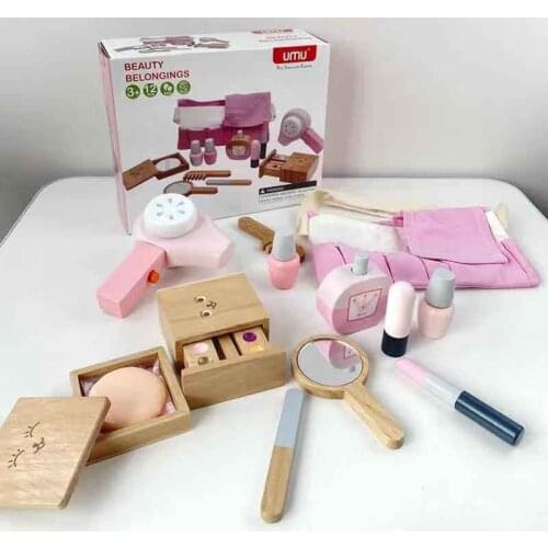 12Pcs Wooden Beauty Salon Pretend Makeup Toy Role Play Cosmetics Toy Simulation Beauty Accessories for Kids Gifts