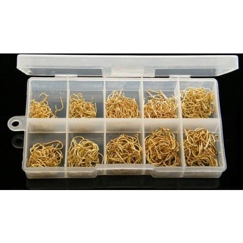 500pcs Golden Fish Hooks 3#-12# High Carbon Steel Fish Jig Hooks with Hole Carp Fishing Tackle Box