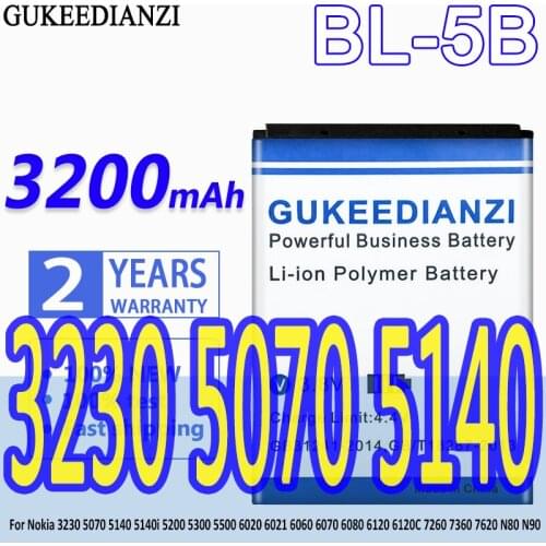 GUKEEDIANZI BL-5B 3200mAh BL5B BL 5B Battery For Nokia 3230 5070 5140 5140i 5200 5300 5500 6020 6021 6060 6070 6080 6120 Battery
