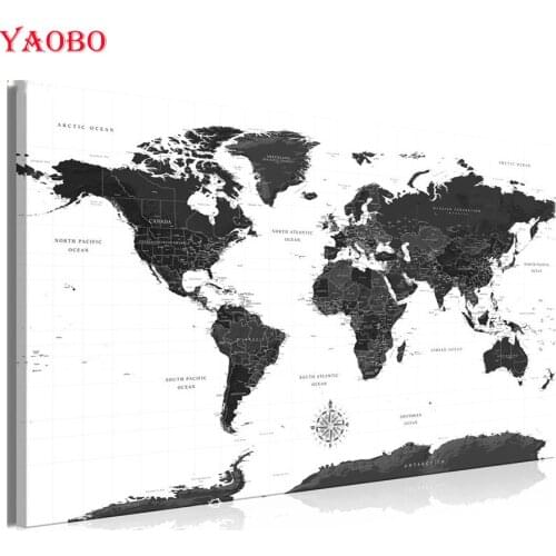 Diamond Painting Full Square/Round Drill Black White World Map Diamond Embroidery Cross Stitch Mosaic Picture Home Office Decor