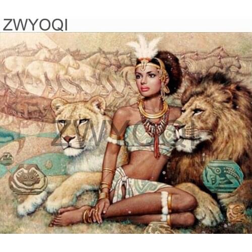 DIY Diamond mosaic Full Round Diamond painting Cross stitch Woman lion feather Full Square Diamond embroidery Woman lion feather