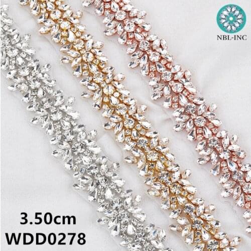5 YARDS)Wholesale bridal beaded rose gold crystal rhinestone applique trim iron on for wedding dress sash belt WDD0278