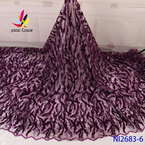 Velvet And Sequence Lace Embroidered Fabric Purple Beautiful Flower African Nigerian French Latest Designs High Quality
