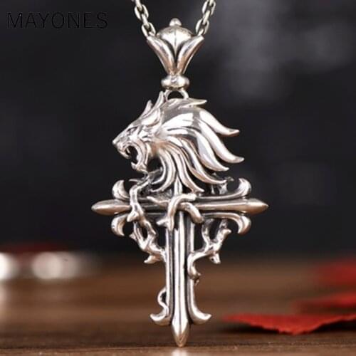 MAYONES Vintage 925 Sterling Silver Lion Cross Necklace Pendant for Men Boys Free Shipping