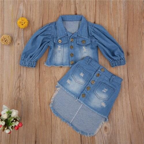 Kids Girls Two- piece Clothes Set Blue Puff Sleeve Open Front Denim Jacket + Irregular Hem Skirt 1-6 Years