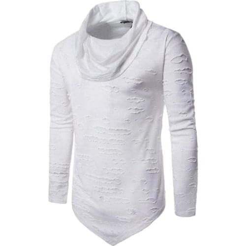 Mens fashion casual collar long-sleeved T-shirts irregularly inverted triangle design nightclub hip-hop street men hole tshirts