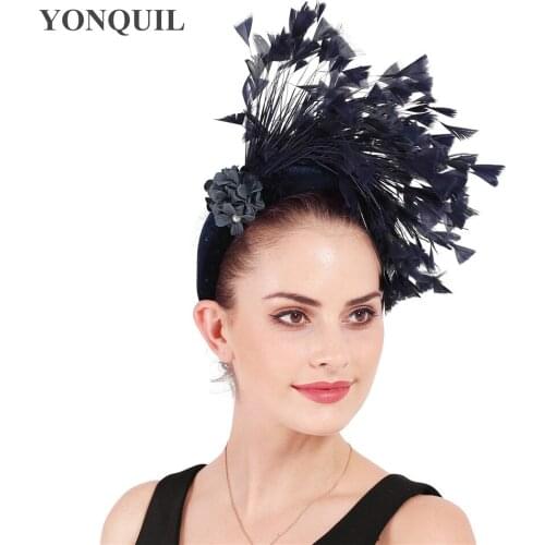 Princess Navy Wedding Headband Fascinator Womens Elegant Fashion Headwear Fancy Feathers Hair Accessories Church Fedora Hats