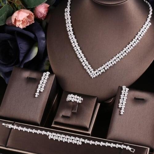 Janekelly 4pcs Bridal Zirconia Full Jewelry Sets For Women Party, Luxury Dubai Nigeria CZ Crystal Wedding Jewelry Sets