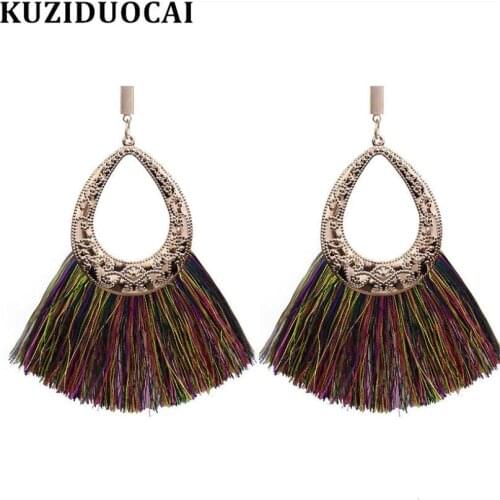 Kuziduocai New Fashion Jewelry Bohe 8 Colors Embossed Sector Droplet Tassel Statement Drop Earrings For Women Brincos E-2014
