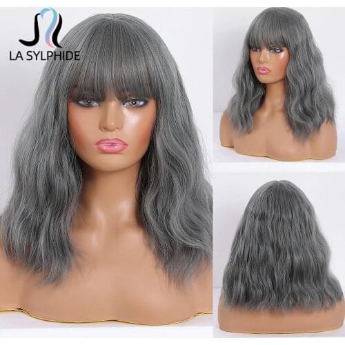 La Sylphide Short Wavy Bob Ash Silver Gray wig with Bangs for Women Synthetic wigs Daily Party Cosplay Wig Heat Resistant