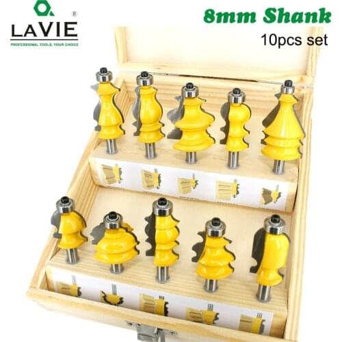 LAVIE 10pcs 8mm Shank Architectural Molding Handrail Router Bits Set Casing Base CNC Line Woodworking Cutters Face Mill MC02070