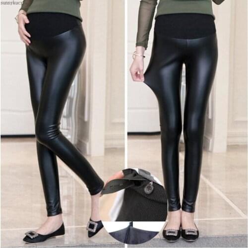 PU leather pregnant women leggings autumn and winter warm pants, suitable for Pregnant women pants velvet adjustable high waist