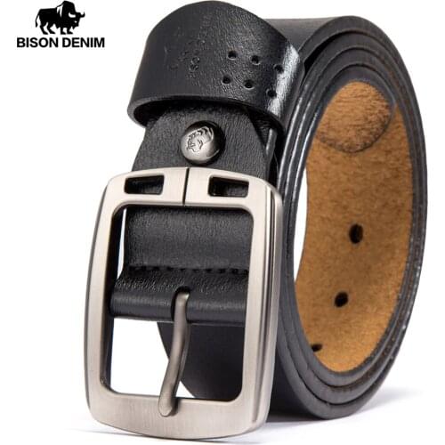 BISON DENIM Mens Belts Cowhide Genuine Leather Pin Buckle Belts Jeans Male Vintage Waistband Strap Leather Belt For Men N70781