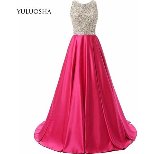 YULUOSHA Prom Dresses O-Neck Sleeveless Beading Crystal Luxury Evening Party Wear for Woman Gold Prom Dress Vestidos De Fiesta