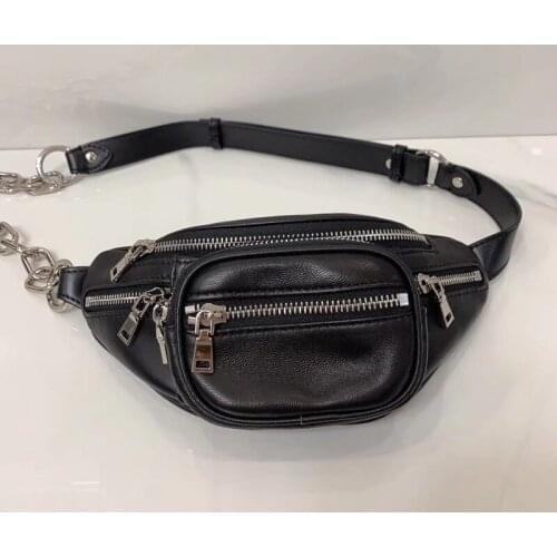 DOYUTIG Hot Sale Genuine Leather Waist Packs For Women&Men Fashion Metal Chains Belt Black Real Leather Single Shoulder Bag F813