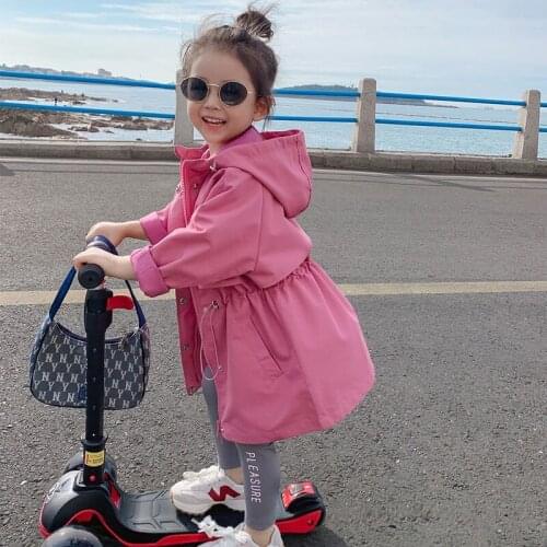 Baby Girls Trench Coat 2021 New Autumn Pink Hooded Windbreaker Children Drawstring Casual Long Jacket Coats