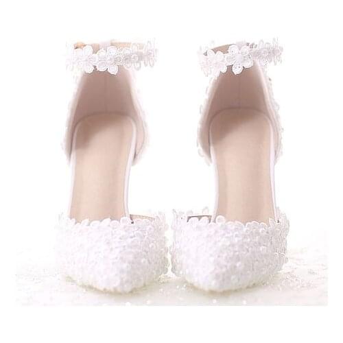 Ankle buckle straps pumps shoes white for woman 2018 brand new design ladies girl lace pumps female wedding shoes lace