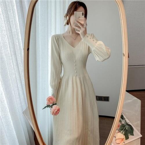 Knitted Dress Womens Autumn and Winter Wear Base Dress 2020 New Mid-length Over-the-knee French Solid Color Long Dresses
